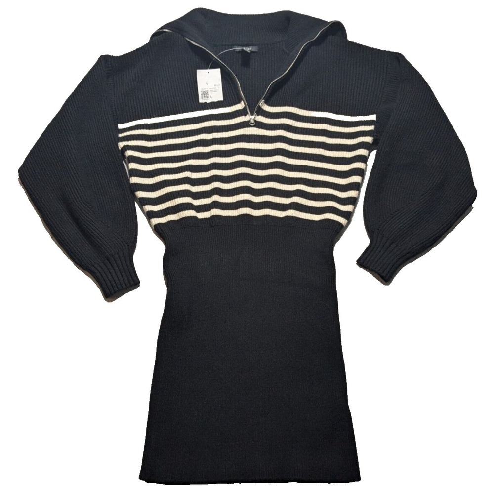 FOREVER‎ 21 Women Large Black Vanilla Striped Loose Lapel Sweater Mini Dress NEW